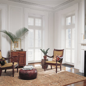 Traditional White Living Room Custom Window Shutters by Hunter Douglas