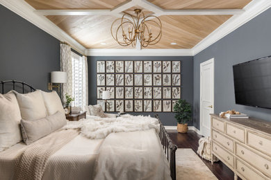 Example of a mid-sized classic master wood ceiling, dark wood floor and brown floor bedroom design in Houston with gray walls