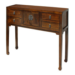 Chinese Oriental Medium Brown Lacquer Drawers Side Table - Console Tables