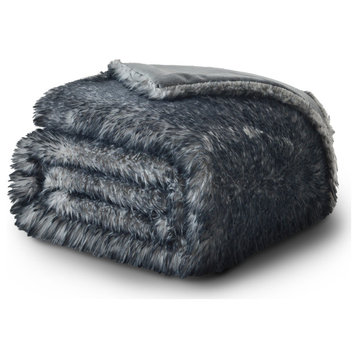 Luxury Faux Fur Throw Blanket, Silver Gray, 88" X 90"