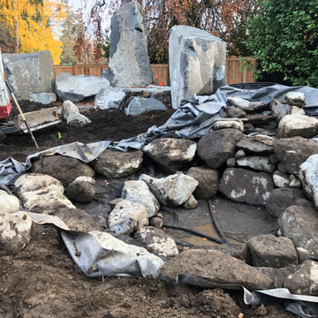 Bocce Ball Court, Pond, Granite Rocks and Dimensonal Flagstone