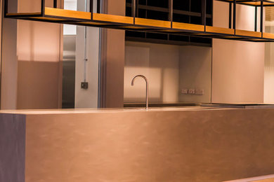 ロンドンにある広いインダストリアルスタイルのおしゃれなLDK (フラットパネル扉のキャビネット、ステンレスキャビネット、メタリックのキッチンパネル、シルバーの調理設備) の写真