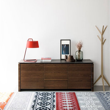 Mag Cabinet, Sextan Table Lamp, Nadira Area Rug, and Memorabilia Coat Rack