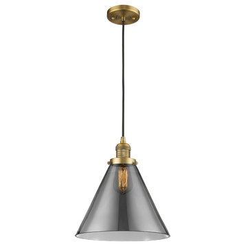 X-Large Cone 1-Light LED Pendant, Brushed Brass, Glass: Smoked