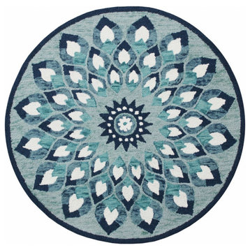 4" Round Blue and White Floral Feather Area Rug