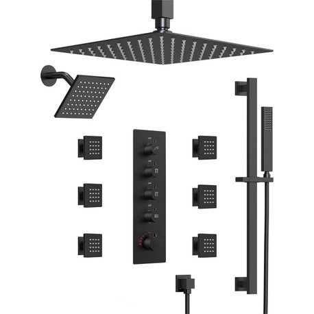 Thermostatic Shower System 16" Dual Shower Heads With Body Jets, Matte Black