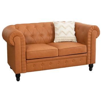 Classic Chesterfield Loveseat, Diamond Button Tufted Faux Leather Seat, Caramel