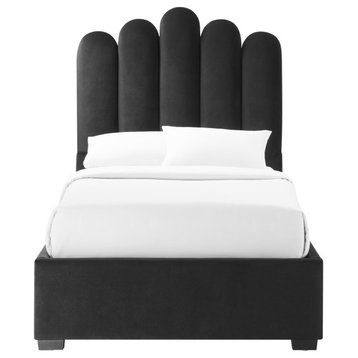 Inspired Home Monty Bed, Velvet Upholstered Scalloped Headboard, Black, Twin Xl