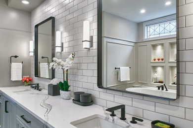 Large elegant white tile and ceramic tile ceramic tile, gray floor and double-sink bathroom photo in Cincinnati with recessed-panel cabinets, gray cabinets, marble countertops, white countertops and a built-in vanity