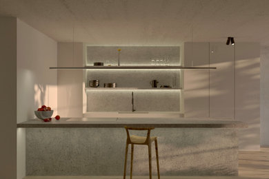 Inspiration for a mid-sized modern single-wall light wood floor and beige floor eat-in kitchen remodel in Miami with a single-bowl sink, flat-panel cabinets, beige cabinets, concrete countertops, gray backsplash, stone slab backsplash, black appliances, an island and gray countertops
