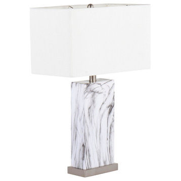 Cory Table Lamp, White Marble, Stainless Steel, White Linen