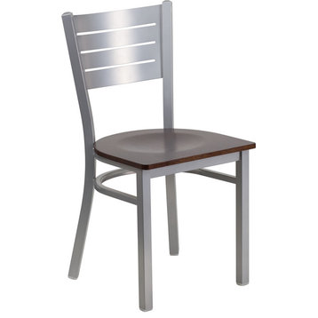 Hercules Series Silver Slat Back Metal Chair, Walnut Wood Seat