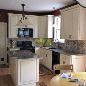 Red Kitchen with White Cabinets
