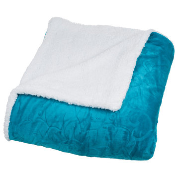 Floral Etched Fleece Blanket with Sherpa Backing, Full/Queen, Teal