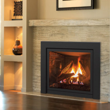 Q2 Gas Fireplace with Modern Surround, Brick Liner, and a High Definition Log Se