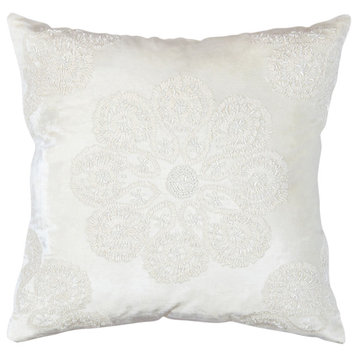 Naples Embroidered Pillow, Ivory/Silver