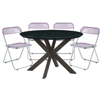 Leisuremod Lawrence 5-Piece Acrylic Folding Dining Chair, Dining Table, Magenta