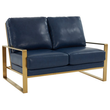 LeisureMod Jefferson Faux Leather Design Loveseat With Gold Frame Navy Blue