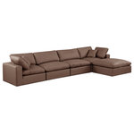 Meridian Furniture - Comfy Upholstered L-Shaped Modular Sectional, Brown, 5-Piece: 2 Armless Chair, 2 Corner Chair, 1 Ottoman, Vegan Leather - Give your space a whole new look with this brown Comfy vegan leather sectional. This handsome sectional fits nicely with other items in the Comfy collection and is a versatile seating option designed for adaptability, comfort and style. Wrapped in rich brown durable vegan leathered upholstery, this sectional offers a plush embrace of overstuffed down feather cushions, carefully crafted to deliver the highest level of comfort. The perfect seat for creating an oasis for relaxation, this sectional has thick foam surrounding its frame for added support and coziness.