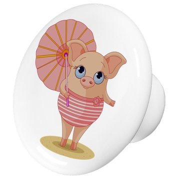Pig With Umbrella Ceramic Cabinet Drawer Knob