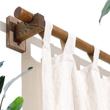 QYT04 1-1/8" Ash Wood Black Walnut Square bracket Single Double Curtain Rod Sets