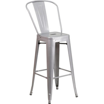 30" High Silver Metal Indoor-Outdoor Barstool With Removable Back