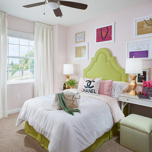 Inspiration for a transitional bedroom in Orlando with pink walls and carpet.