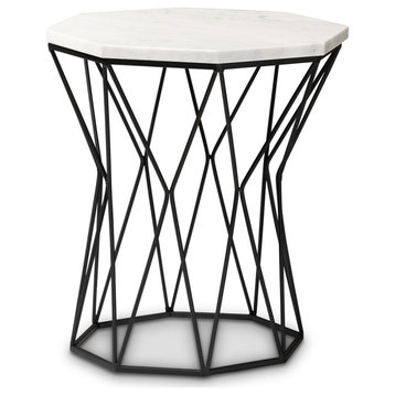 Modern and Contemporary Black Metal End Table With Marble Tabletop