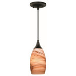Vaxcel - Milano 4.75" Mini Pendant Toffee Swirl Glass Oil Rubbed Bronze - The Milano collection of mini pendant lights feature softly radiused hand-blown glass that gracefully blends into almost any decor. Because each glass is handcrafted utilizing century-old techniques, no two pieces are identical. The toffee swirl colored glass has tones of golden brown and orange and is housed in an oil rubbed bronze finish for a contemporary and artistic look. Install this mini pendant individually or in a group; ideal for kitchens, dining areas, or bar areas.