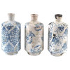 Blue and White Terra Cotta Transferware Vase, 3-Piece Set
