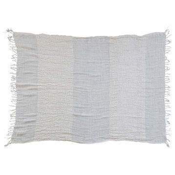 Woven Linen Throw Blanket With Stripes and Fringe, Cream and Natural