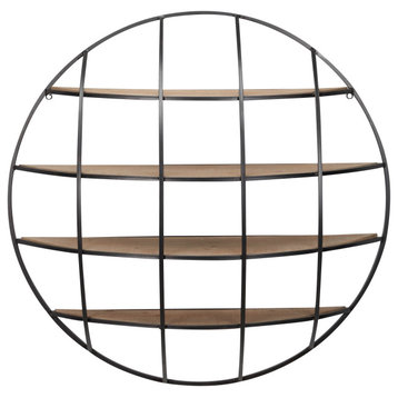 Industrial Metal & Wood Wall Shelf w/ Metal Grid Semi-Sphere Profile, 36” x 36”
