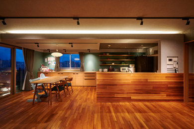 福岡にある広いミッドセンチュリースタイルのおしゃれなLDK (緑の壁、無垢フローリング、茶色い床、グレーの天井) の写真
