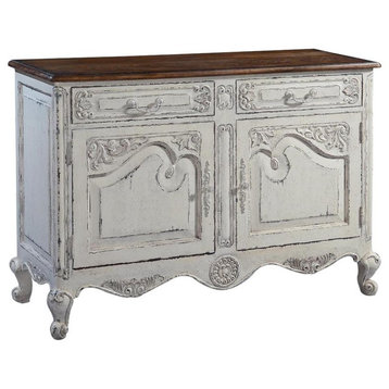 Server Sideboard French Country Carved Antiqued White Rustic Wood