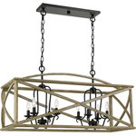 Quoizel - Quoizel  WHN841DW  Eight Light Island Chandelier  Woodhaven  Weathered Oak - A farmhouse-inspired design and faux wood finish gives the Woodhaven a rustic style all its own. The subtly bowed crossbuck cage in distressed weathered oak artfully showcases the curvature of the matte black center stem, sockets and hardware.
