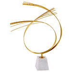 Harp and Finial - Agra Statue Small Gold Finish on Metal with White Marble Base - With a white marble base supporting an abstract sculpture of delicate, gold-finished steel curves, the small Agra Statue brightens up contemporary decor in any space. The mixed materials of this small tabletop sculpture combined with the white and gold colors make this piece a versatile decoration. Use this steel and marble statue to accentuate the decor in a foyer or living room.