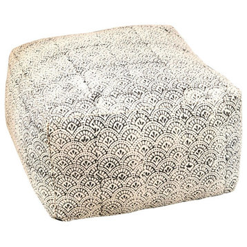 Pemberly Row Square Upholstered Floor Pouf in Cream and Black