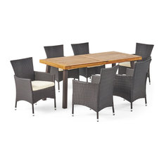 GDF Studio 7-Piece Randy Outdoor Acacia Wood/Wicker Dining Set With Cushions