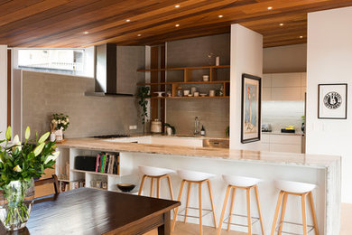Inspiration for a large contemporary kitchen/dining combo in Other with white walls, light hardwood floors and brown floor.