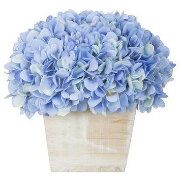 Artificial Blue Hydrangea in White-Washed Wood Cube