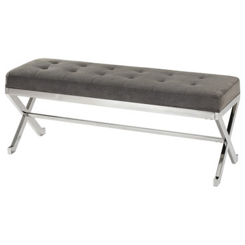 Posh Gray Silver Plush Tufted Bench | Retro Chrome Metal Elegant Long Comfy