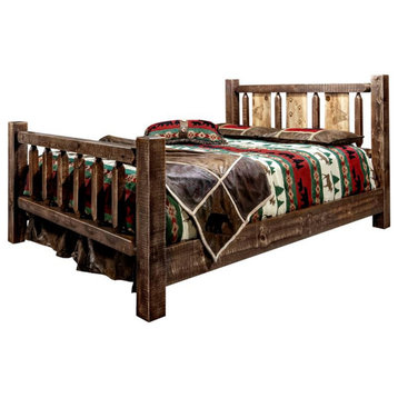 Montana Woodworks Homestead Wood Twin Bed with Wolf Design in Brown Lacquered