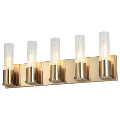 Tube Contemporary 5 Light Aged Brass Clear Metal Vanity