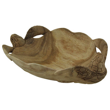 Hand Carved Twin Sea Turtles Decorative Scallop Edge Wooden Bowl