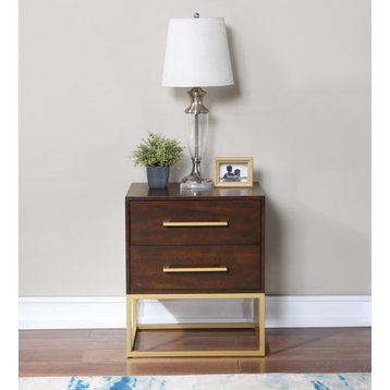 Maxine Wood Nightstand With Durable Brushed Gold Metal Base, Dark Cherry Finish