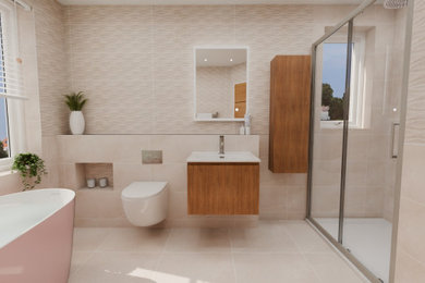 Inspiration for a mid-sized contemporary single-sink bathroom remodel in Dorset with a floating vanity