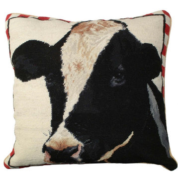 Throw Pillow Needlepoint Holstein Cow 20x20 Black Red Off-White White