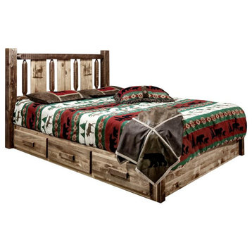 Montana Woodworks Homestead Wood Full Platform Bed with Engraved Elk in Brown