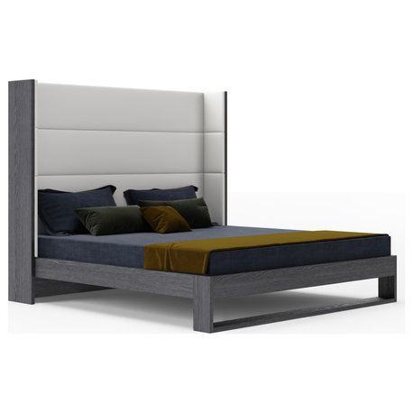 Modrest Heloise Contemporary White Leather and Gray Elm Trim Bed, Eastern King