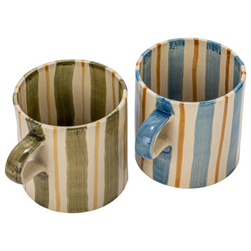 5 Inches Round Stoneware Mug With Stripes Designs, Multicolor, Set of 4